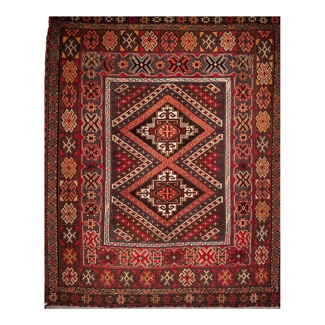 Vintage Afghan Baluch Tribal Area Rug in a Near-Square Size in Red, Blue, Brown For Sale