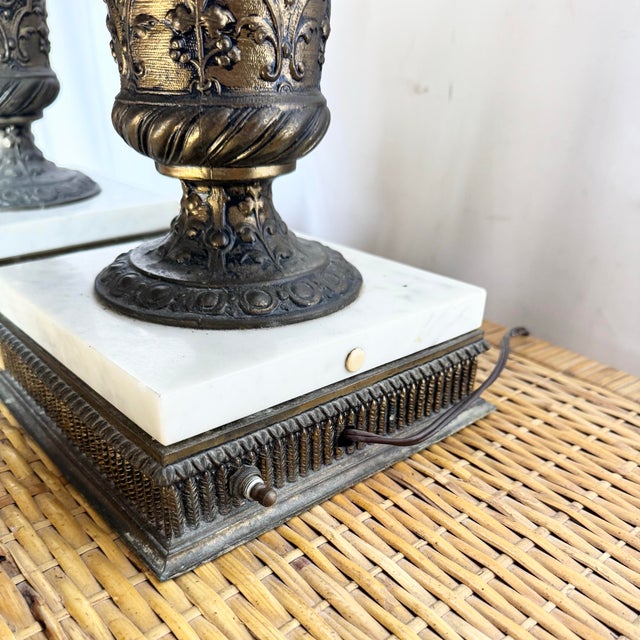 Antique French Bronze Ewer Converted Oil Lamps With Crystal Tops - A Pair For Sale - Image 9 of 11