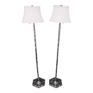 Pair of Cast Lotus Shape Bases Chrome Faux Bamboo Mid-Century Modern Floor Lamps For Sale