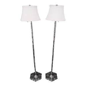 Pair of Cast Lotus Shape Bases Chrome Faux Bamboo Mid-Century Modern Floor Lamps