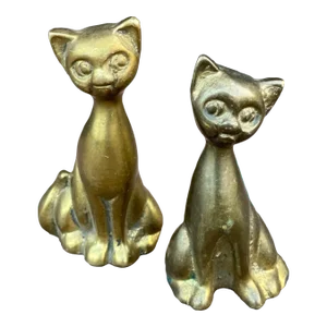 Vintage Mid-Century Cast Solid Brass Kitty Cat Figurines With Big Eyes- Set of 2