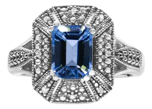 .925 Sterling Silver Diamond Accent and 8X6 mm Emerald-Shape Blue Topaz Ring (I-J Color, I2-I3 Clarity) - Ring Size 6