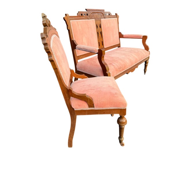 Victorian Late 19th Century Pink Parlor Set of Victorian Settee + 2 Chairs With Burl Veneer For Sale - Image 3 of 11