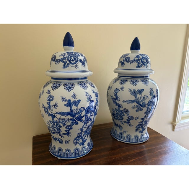 Early 21st Century Chinoiserie Large Blue and White Porcelain Ginger Jars, Pair For Sale - Image 5 of 10