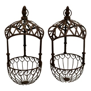 Mid 20th Century French Iron Hanging Planters - Set of 2 For Sale