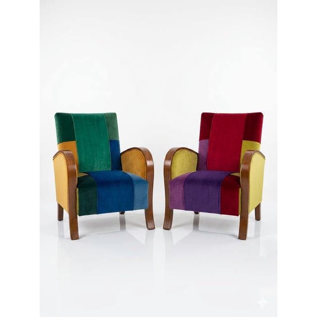 Wood Art Deco Armchairs in Vibrant Multi-Color Velvet Patchwork, Set of 2 For Sale - Image 7 of 7