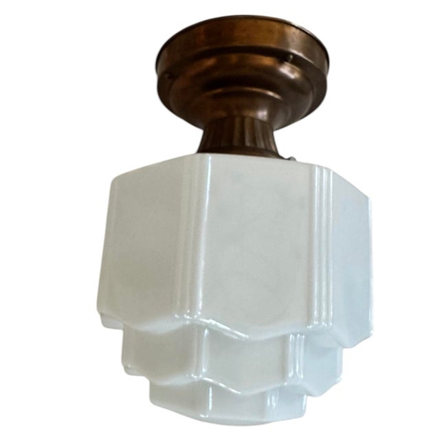 1930s Art Deco Skyscraper Flushmount Fixture on Old Copper Flashed Reeded Holder For Sale In Los Angeles - Image 6 of 6