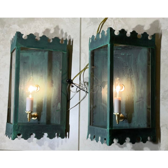 funky pair of vintage wall sconces/ lanterns. Their design is a beautiful blend of period styles, featuring a captivating,...