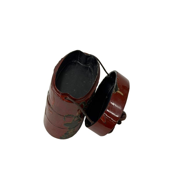 Wood Vintage Red Lacquer Inro Koi Fishes Netsuke Wood Stack Case Deco For Sale - Image 7 of 11