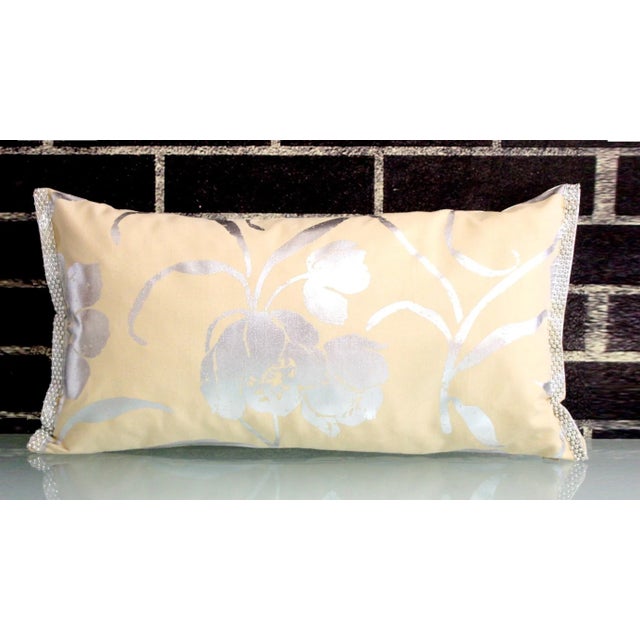 Vintage Silver Floral Hand-Painted Double- Sided Lumbar Pillow With Beaded Trim For Sale - Image 4 of 13