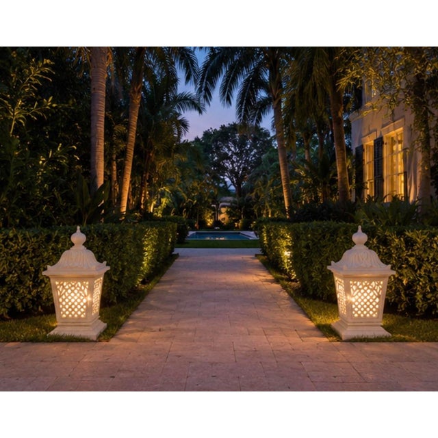 Cream A Pair of Vintage Palm Beach Style Cast Stone Garden Lanterns For Sale - Image 8 of 12