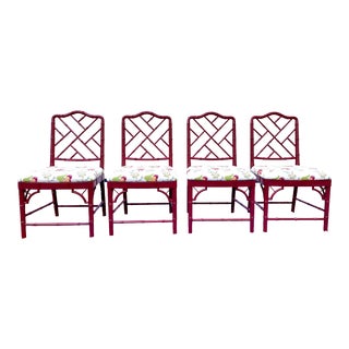 Late 20th Century Set of Four Red-Painted Chinese Chippendale Style Side Chairs by Ballard Designs With Custom Sister Parish Upholstery For Sale