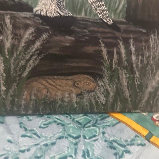 Mid-Century Modern Folk Art Style Snowy Owl Oil Painting – Original Woodland Biophilic Canvas For Sale In Minneapolis - Image 6 of 12