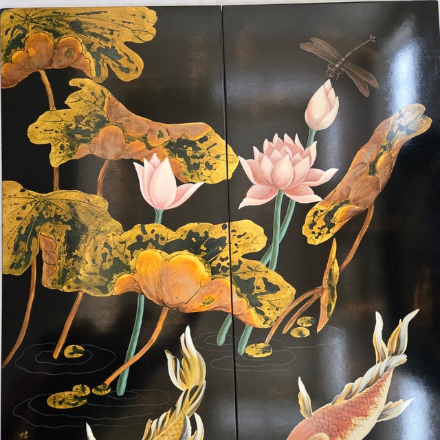 Two Panel Black Lacquered Wall Art Koi Fish Lotus Flower With Dragon Fly Artist Signed Approximate Measurements (both...