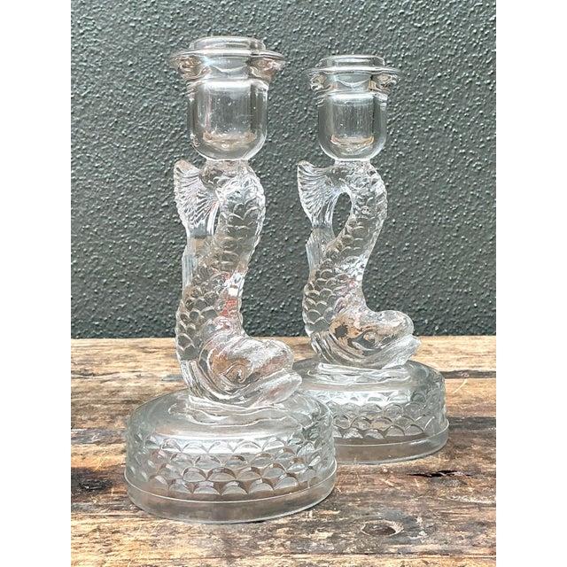 Vintage Dolphin Glass Candlesticks - A Pair For Sale - Image 4 of 12