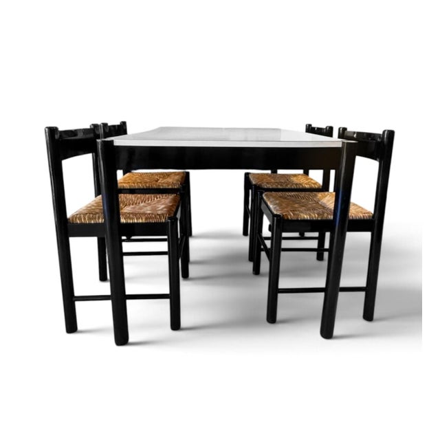 Wood Carimate Dining Suite, in Rush and Black Ebony by Vico Magistretti for Habitat, 1964, Set of 5 For Sale - Image 7 of 15
