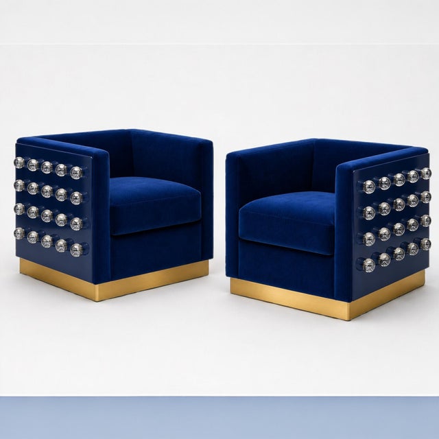 Contemporary Italian Lounge Chairs in Blue Velvet from Justfurnituress SRL, Set of 2 For Sale - Image 3 of 10