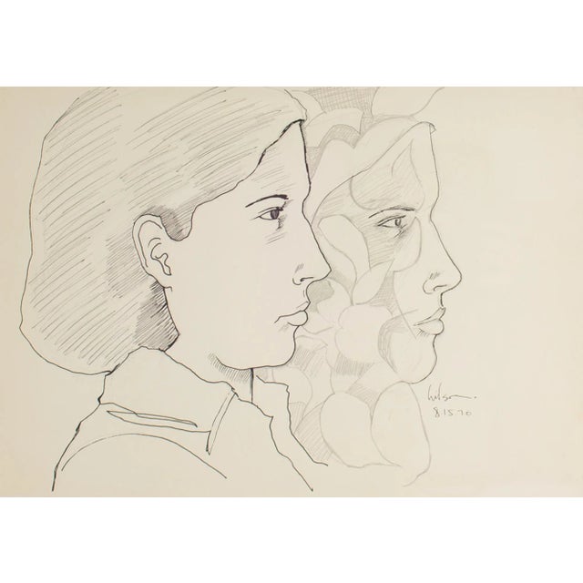 A 1970 drawing by the American artist Harry Hilson (1935-2004). This ink and graphite work depicts a woman in profile with...