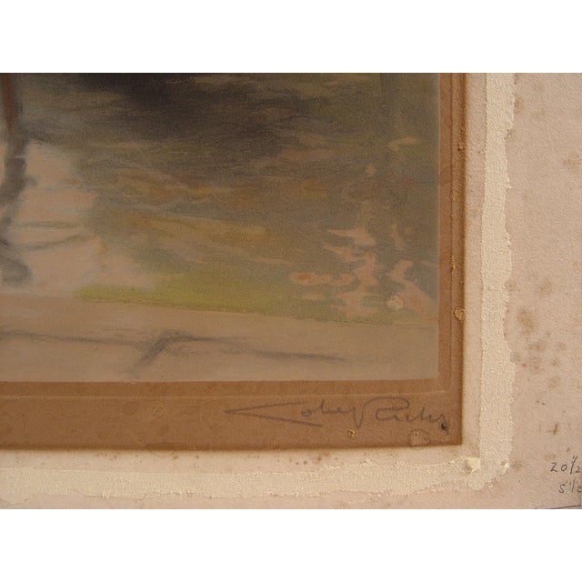 Vintage early 20th century misty morning on the canals of Venice lithograph on paper. Signed illegibly in pencil lower...