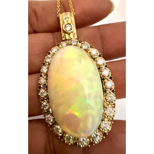 Gemstone 36 Ct Oval Ethiopian Opal & 2.5 Ct Diamond Pendant 14 Karat Yellow Gold Necklace For Sale - Image 7 of 18