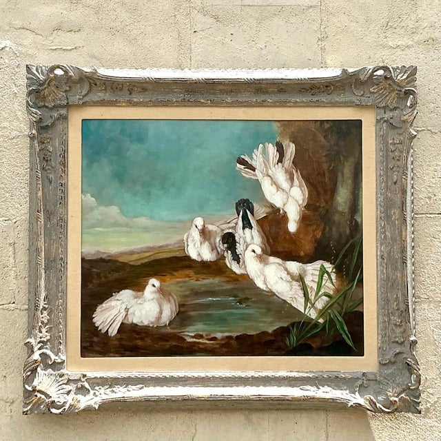 Enhance your space with timeless elegance using this Vintage Regency Original Oil Painting of Doves. Ideal for American-...