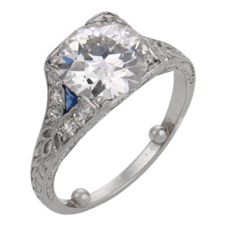 1920s Art Deco Gia 1.75 Carat Old European Cut Diamond Sapphire Engagement Ring, Size 3.5 For Sale