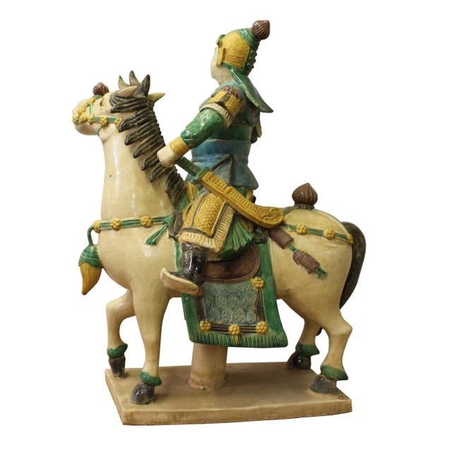 Chinese Vintage Handmade Ceramic Warrior On Horse Figure For Sale - Image 4 of 6