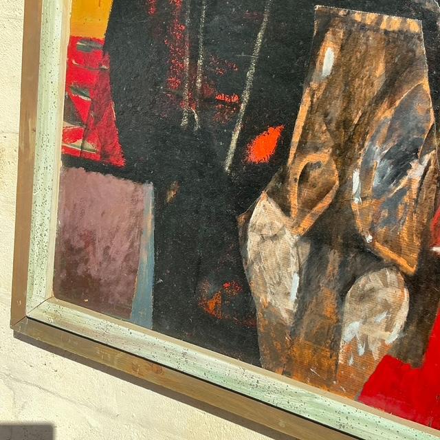 Immerse yourself in the bold expressionism of this striking vintage oil on canvas. This monumental abstract piece features...