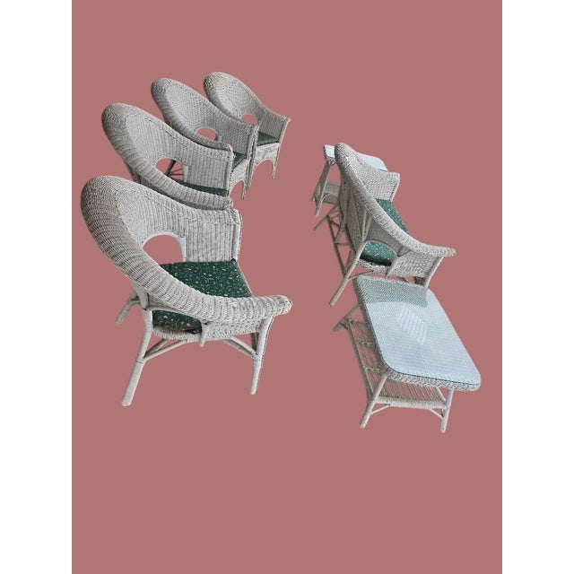 Late 20th Century Vintage Coastal White Wicker 7-Piece Conversation Set With Loveseat, Four Chairs & Glass Top Tables For Sale - Image 5 of 11