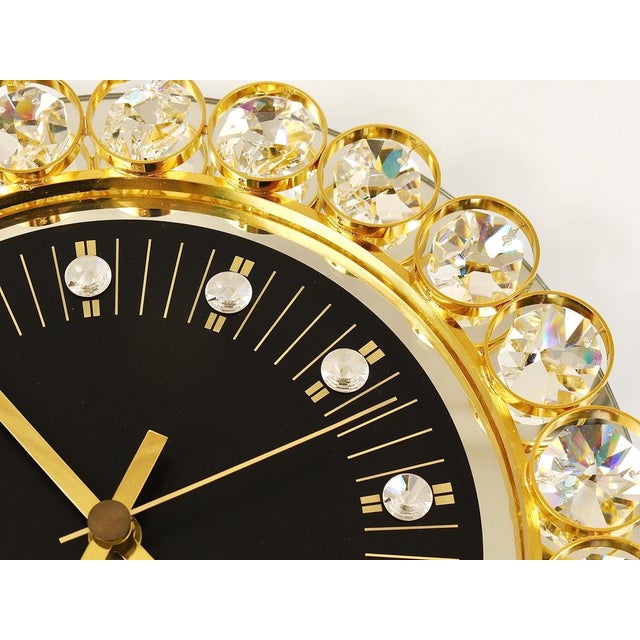 German Hollywood Regency Golden Wall Clock in Gilt with Crystals by Junghans, 1970s For Sale - Image 13 of 15