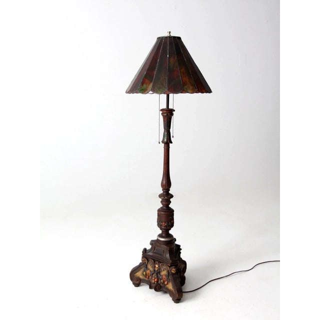 Antique Carved Wood Floor Lamp With Glass Shade For Sale - Image 10 of 11