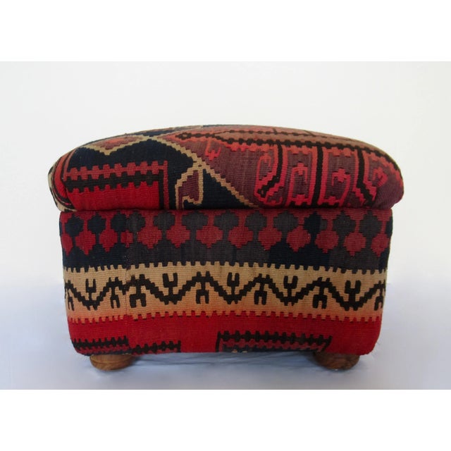 Rustic Vintage Turkish Kilim Footed Ottoman With Round Wood Turned Feet Made in Pakistan For Sale - Image 3 of 13