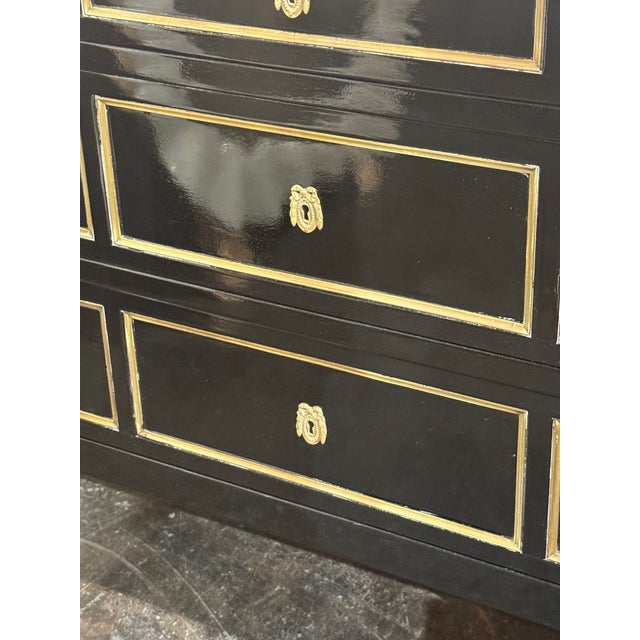 Vintage French Louis XVI Jansen Style Black Lacquered Chest For Sale - Image 12 of 13