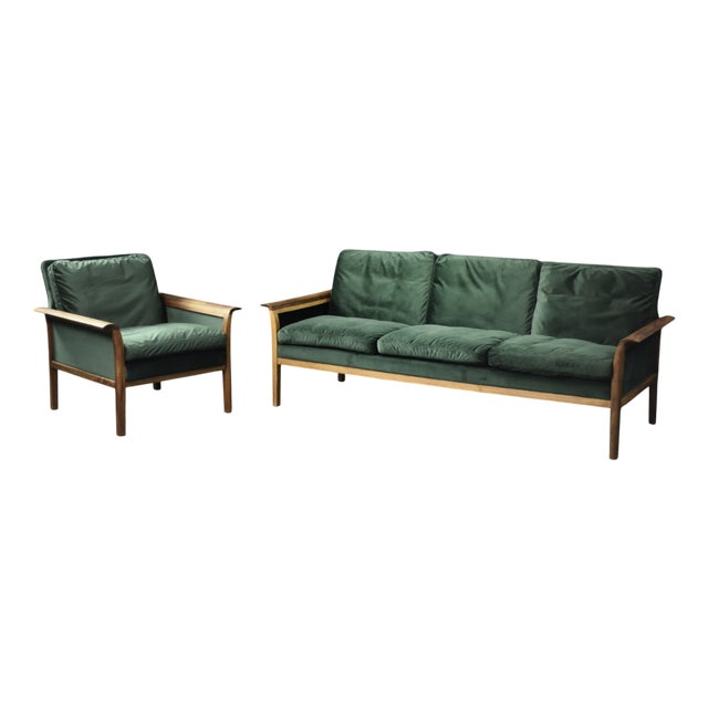 Vintage Norwegian Rosewood and Bottle Green Velour Sofa and Chair by Knut Sæter for Vatne Møbler, 1960s, Set of 2 For Sale