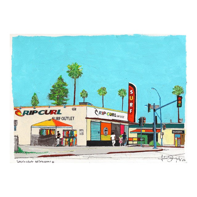 Santa Cruz Afternoon - Original California Coastal Pop Art Mixed Media Work on Paper by Fabio Coruzzi For Sale