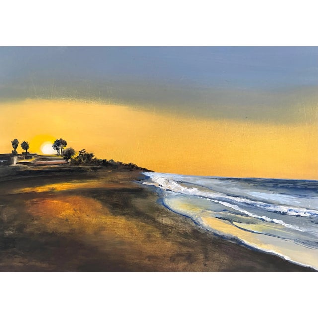 Experience the glow of an autumnal sunrise in the California coastal town of Carpinteria in this 7x5 inch miniature oil...