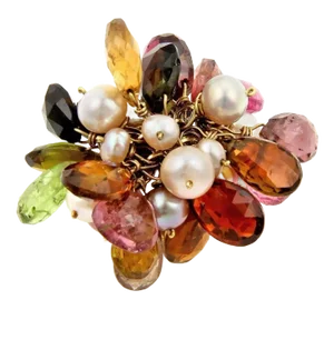 Multi Color Briolette Gemstone & Pearls 18k Yellow Gold Dangle Ring, Size 6