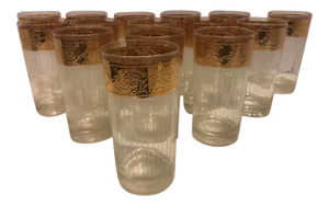Vintage Culver Tyrol 22 Kt. Gold Glass Tumblers- Set of 15