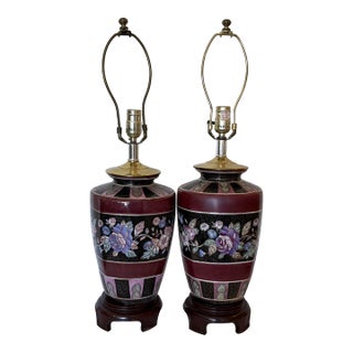 Pair of Vintage Chinoiserie Floral Ginger Jar Style Lamps 1970s For Sale