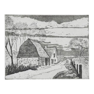 Late 20th Century Farmhouse and Barn Landscape Etching For Sale