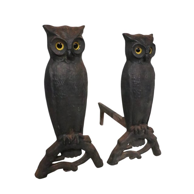 Exceptional and rare pair of oversized owl andirons, in very fine, original, clean and ready to use condition. The owls...