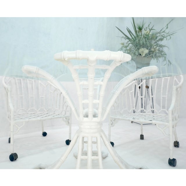 1970s Cast Aluminum Faux Bamboo 4 Arm Chairs 60" 3/4" Glass Top Dining Table Set For Sale - Image 5 of 12