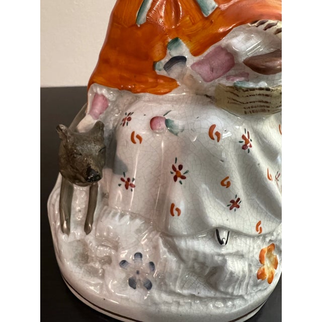 Ceramic Antique English Staffordshire Woman With Basket and Dog Figure Circa 1860's For Sale - Image 7 of 12