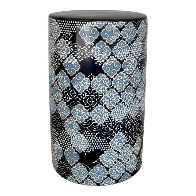 Port 68 Modern Moroccan Navy Blue and White Ceramic Round Hill Garden Stool For Sale