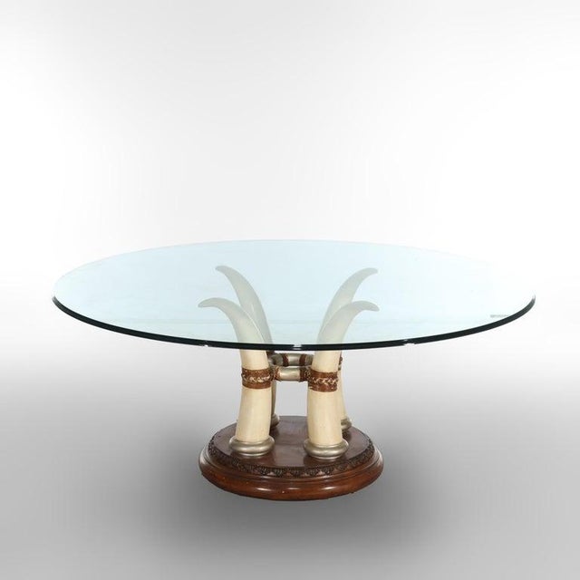 Hollywood Regency Exotic Vintage Carved Faux Elephant Tusk Glass Top Dining Table 20thC For Sale - Image 3 of 13