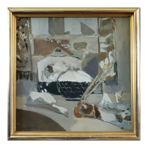 Mid-Century Modern 'Snowy Rooftops' Vintage Original Landscape Oil Painting, Framed