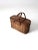 Vintage 1940s–1950s Hawkeye picnic basket with a woven wood body, fitted wood lid, double swing handles, canvas closure...