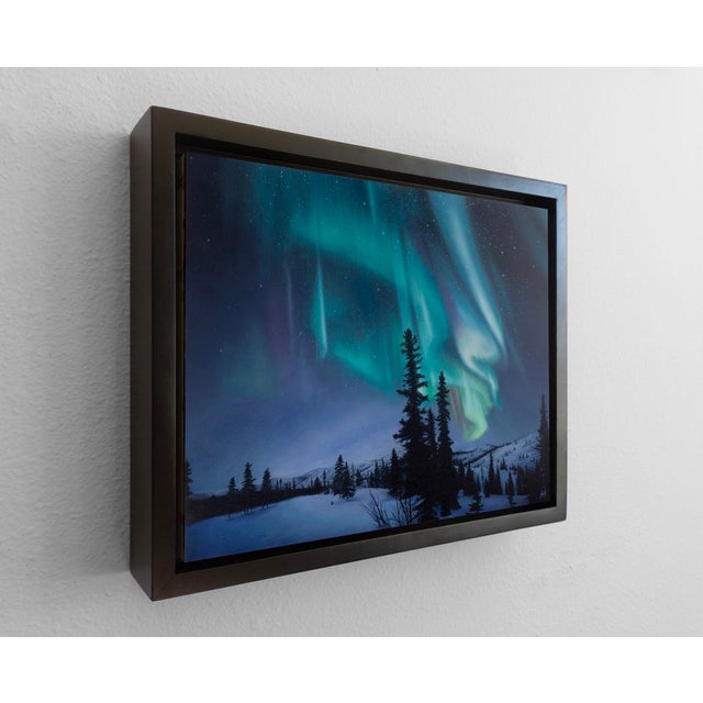 Contemporary Witness to the Unknown by Austin Howlett | Oil on panel Northern lights over a snowy landscape. For Sale - Image 3 of 5