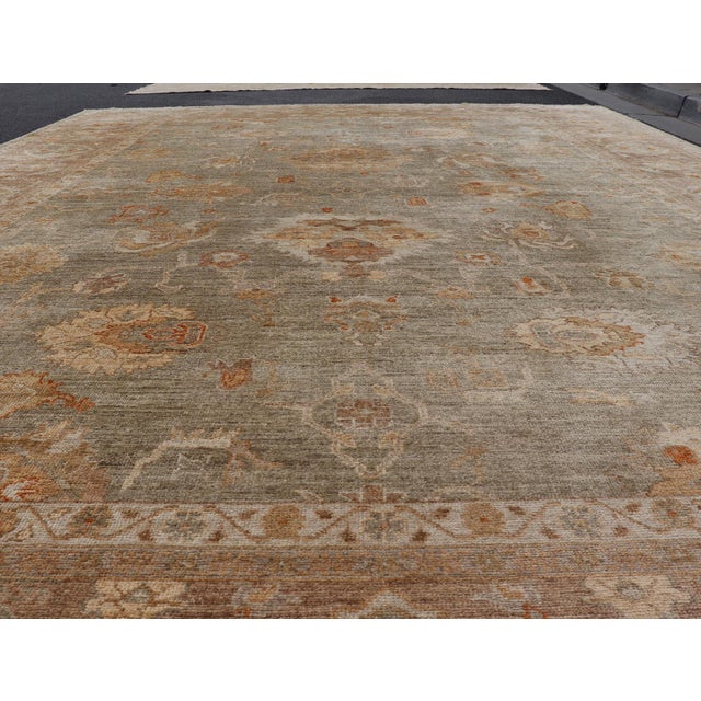 Large Turkish Angora Oushak Rug With Soft Green Field and Rust Accents For Sale In Atlanta - Image 6 of 13