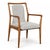 Midcentury inspired smooth wood frame dining arm chair with light grey and cream upholstered seat and floating back. Seat...